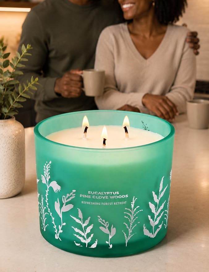 Eucalyptus Pine Clove Woods Scented Candle - Large 3-Wick Aromatherapy Soy Candle for Home, 14.5oz - Pine Balsam Forest Stress Relief Candle - Birthday Gift for Women & Men