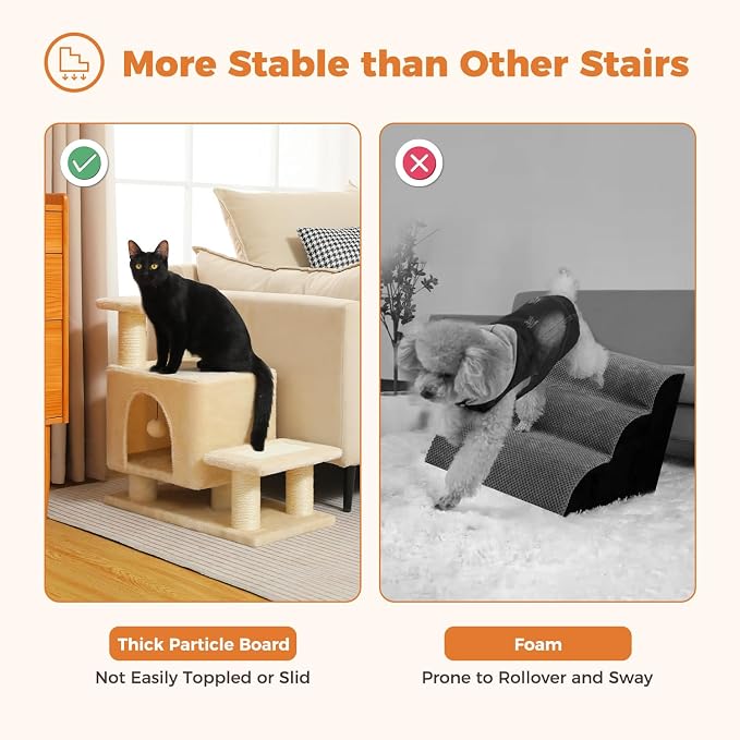3-in-1 Cat Stairs with Scratching Post & Condo, Pet Steps, Beige | Pet Steps for High Beds, Sofa, Couch, Tall Cat Tower, High-Strength Boards for Indoor Small Cats Kittens Dogs Climbing Play