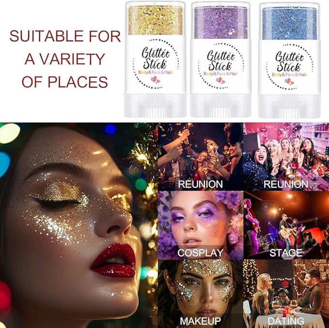 Body Glitter Stick, Holographic Sequins Face Glitter Makeup Neon Outfit Festival Rave Prom Party Accessories Hair Glitter Gel. (Blue)