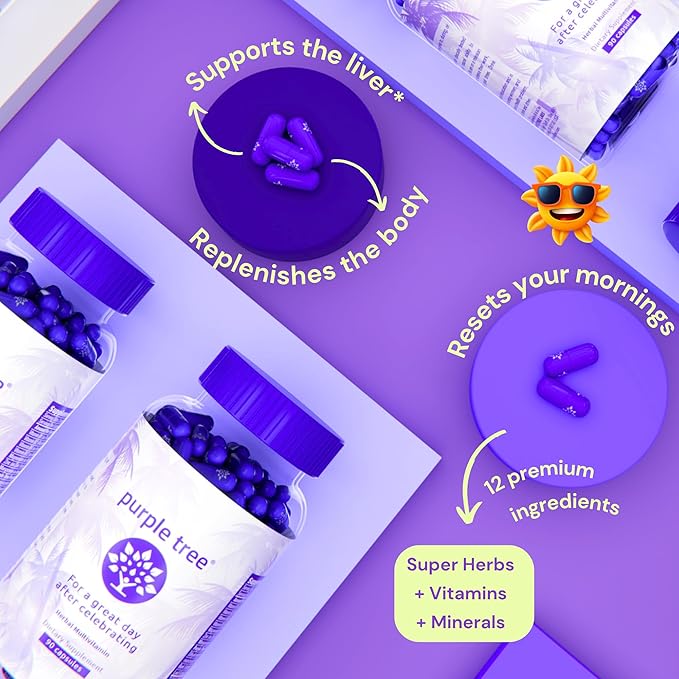 purple tree Post-Celebration Wellness Supplement | Liposomal Dihydromyricetin (DHM), L-Glutathione, Milk Thistle for Liver Support & Hydration | Electrolytes, B Vitamins, Willow Bark | 90 Pills