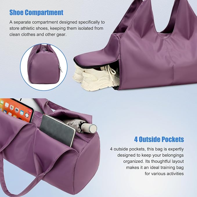forestfish Yoga Gym Bag for Women with Shoes Compartment & Wet Dry Storage Pockets Lightweight Duffel Bag, Purple