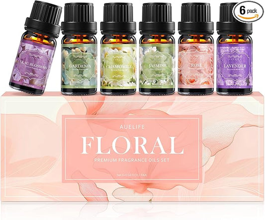 Auelife Floral Essential Oils Set, 6x10ml Rose, Jasmine, Lavender, Gardenia Pure Fragrance Oils for Diffuser, Candle Making, DIY Bath Bomb, Romantic Home Aromatherapy