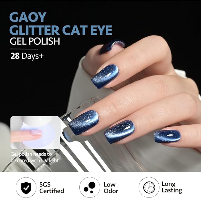 GAOY 16ml Deep Blue Cat Eye Gel Nail Polish, Glitter Holographic Nail Polish with Magnet, Reflective Translucent UV Gel, 2929 Mystic Blue