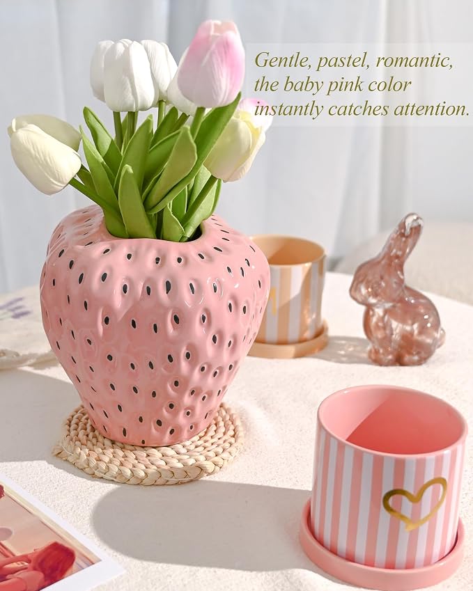 DN DECONATION Pink Strawberry Vase for Flower, Fruit Vase for Party Kitchen | Strawberry Shaped Planter Pot, Unique Ceramic Fruit Vases for Strawberry Office Mantel, Mothers Day Gifts for Mom & Grandma