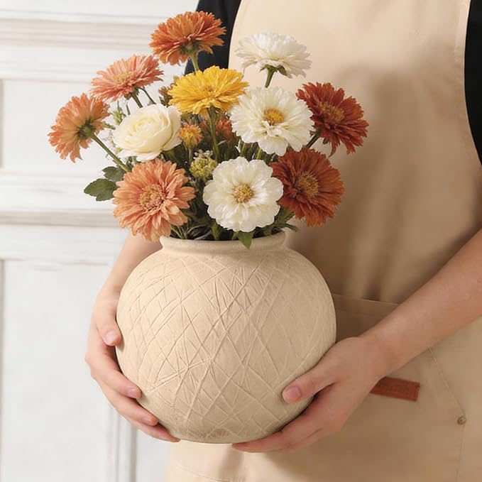 Rustic Ceramic Vintage Farmhouse Vase for Decor (Small Carved Beige) | 6'' Boho Decorative Vase for Home, Round Textured Clay Terracotta Bowl vase for Living Room, Table, Shelf, Centerpieces