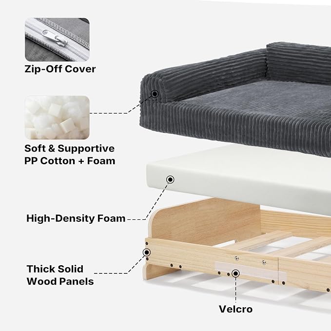 Veehoo Elevated Dog Bed Indoor, Wood Furniture Style Dog Couch Sofa | Small medium dogs sofa, sturdy wood frame, washable cover, easy assembly, supportive foam