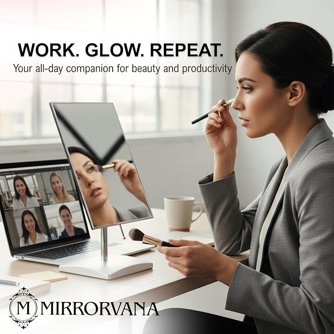 MIRRORVANA Large Table Desk Mirror with Stand for Office Desktop, Makeup Vanity and Bathroom Countertop - Personal Adjustable Face Mirror - 9.8" x 7"