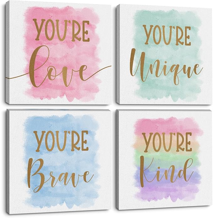 4 Pcs Watercolor Girls Room Decor Posters Wall Art, Girls Room Wall Decor | Posters for Teen Girl, Girl's Aesthetic Framed Posters Art Prints Artwork for Bedroom Rooms Playroom Decor 8 x 8 Inch