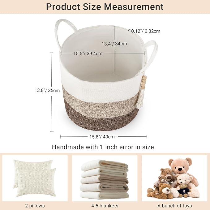 Mkono Woven Storage Basket for Blanket, Toys Plant Organizer, 16"W x 13.8"L | Gradient Brown, Decorative Basket with Handle, Wood Beads Tassel, Shoes Clothes Storage Bin, Living Room Bedroom Nursery