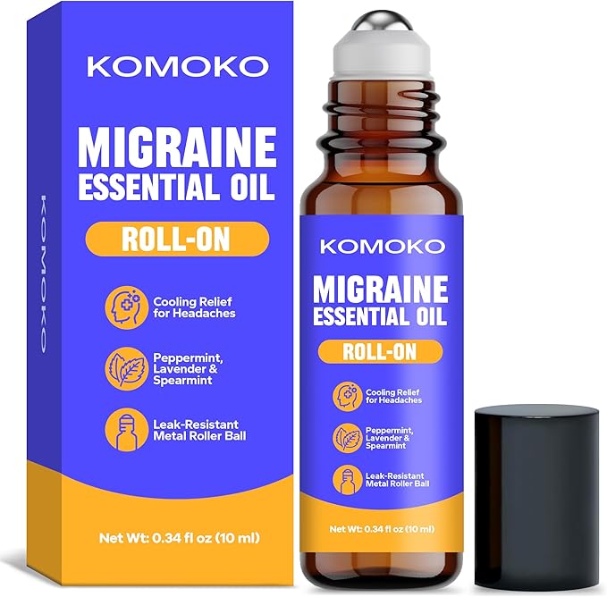Komoko Migraine Essential Oil Roll-On (0.34 Fl Oz), Soothing Scented Roller for Headache Support, Natural Aromatherapy Essential Oil Roll-On with Coconut, Peppermint, Rosemary & Lavender Oils