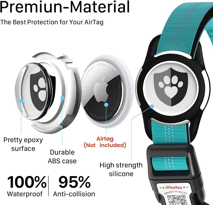 Waterproof AirTag Dog Collar with QR Code Dog Tag, Blue XS | IP68 waterproof, QR code dog tag, Anti-Lost, Online profile, fits XS-L (8"-26"), Padded nylon, Reflective, No App, No Fees