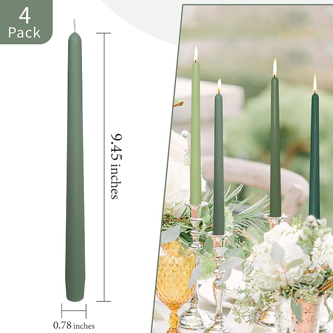 Green Taper Candle 10 inch - Set of 4 Tapered Candles Ideal as Dinner Candles - Cedar Scented Taper Candles Smokeless Long Burning Tall Candlesticks