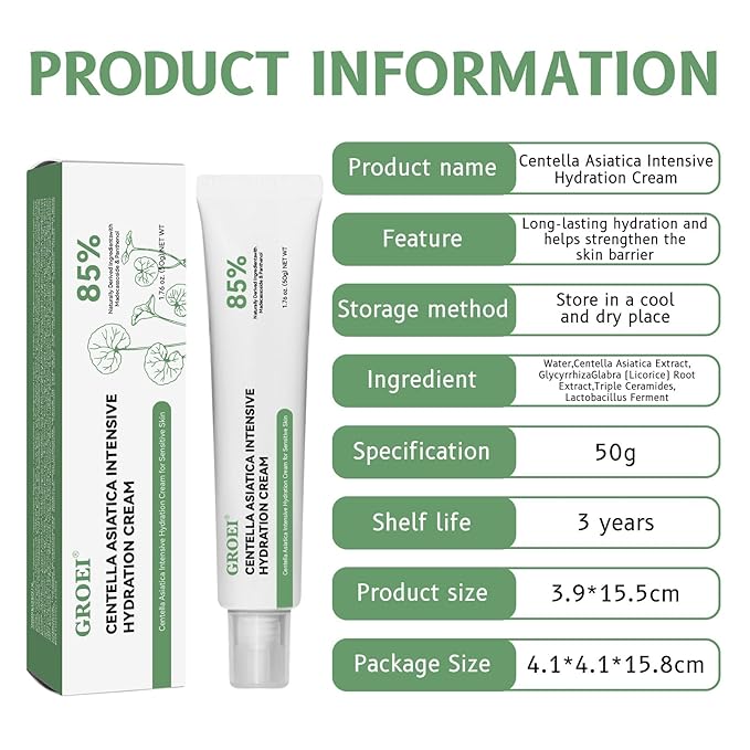 Lucksun Centella Asiatica Cream for Sensitive Skin, 85% Natural Moisturizer, Intensive Hydration & Repair, 50g