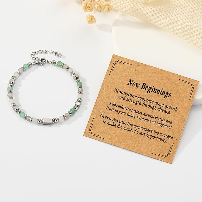 Natural Healing Crystal Bracelet for Women, Triple Protection Anxiety Relief New Beginnings Good Luck Empath Protection Jewelry Gift for Friends Daughter Mom 6.5+1.8 Inches