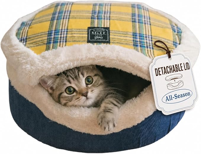 Cat Bed Cave - Enclosed Hideaway with Detachable Lid for Kitten (Yellow) | Covered round house, Removable top, Separate liner, Cozy privacy nook, Apartment-friendly shelter, Easy cleaning setup