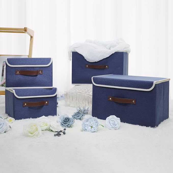 ANMINY Fabric Storage Box Bins with Lids, Blue, 10"x8"x7", 2 Pack | Keepsake Memory Storage, Cotton Linen, PP Board Reinforced, Washable, PU Handles, Foldable & Stackable, Decorative, Small