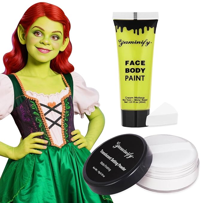 Ogre Green Face Paint with Setting Powder and sponge,1.01 Oz Water Based Green Body Paint,Halloween Face Painting Kit SFX Makeup Cosplay Monster Witch Elphaba Costume for Adults & Kids