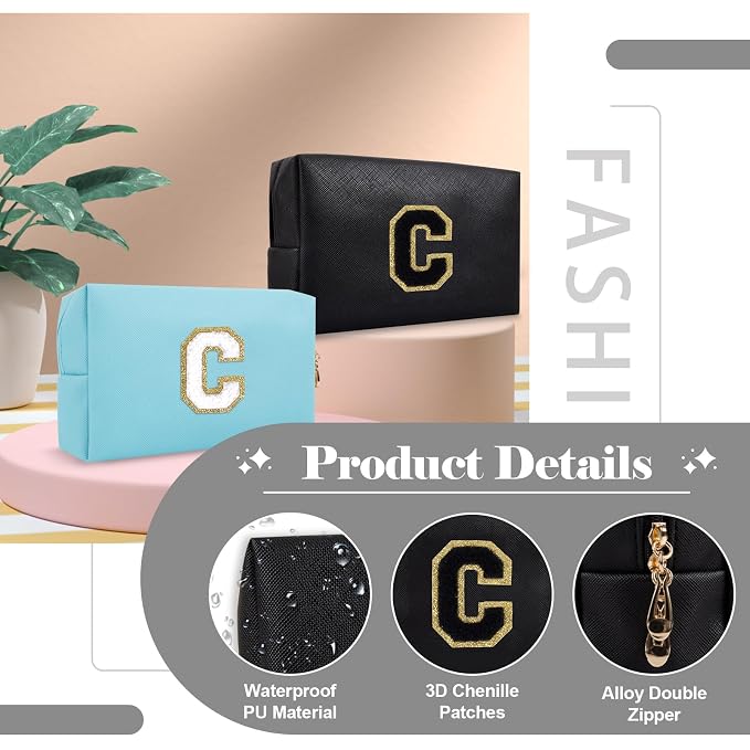 Personalized Initial A-Z Preppy Patch Makeup Bag,Small PU Chenille Letter Cosmetic Bag with Zipper for Teen Girls,Black Cute Toiletry Organizer Bag,Monogram Makeup Case Gift for Women Girls,Letter C