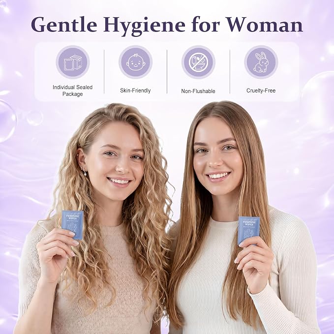 Feminine Wet Wipes Bulk, Individually Wrapped Period Intimate Wipe 50 Pack | Travel Size Personal Hygiene Female Private Parts Cleansing Wipe Butt for Women Girls Daily Travel Bathroom Essential