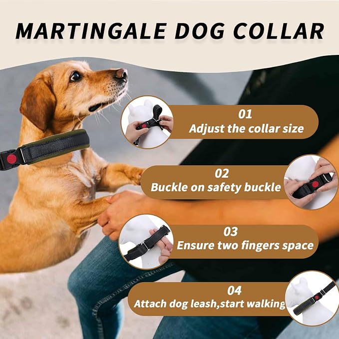 Martingale No Pull Dog Collar for Large Medium Small Dogs, Heavy Duty Nylon Reflective Adjustable Anti Pull Slip Collar with Buckle for Training Walking L Black Army Green