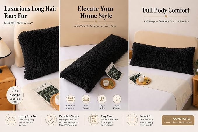 REAFORT Long Hair Faux Fur Body Pillow Cover 21"x54", Hidden Zipper (Black) | Ultra-soft long hair faux fur with a hidden zipper offers luxurious comfort and is machine washable for easy care.