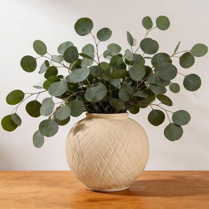 Rustic Ceramic Vintage Farmhouse Vase for Decor (Small Carved Beige) | 6'' Boho Decorative Vase for Home, Round Textured Clay Terracotta Bowl vase for Living Room, Table, Shelf, Centerpieces