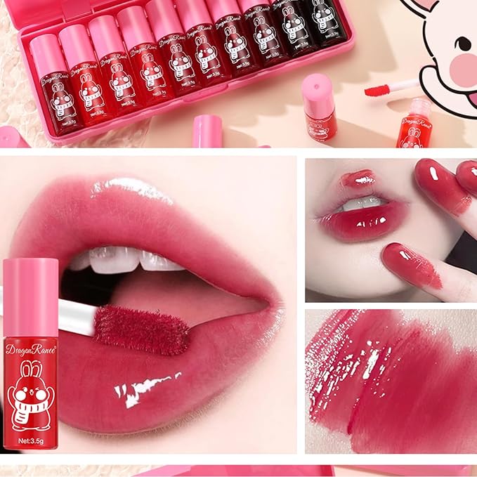 Eakroo 10 Colors Lip Tint Stain Set, Korean Lip Gloss Watery Lip Stain Moisturizing Mini Liquid Lipstick Set, Blush for Cheeks, Lipstick for Women, Non-Stick Cup, Long-Lasting, Vivid Color (Set B)