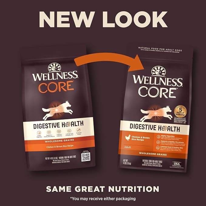 Wellness CORE Digestive Health Adult Dry Dog Food, Wholesome Grain Kibble, Sensitive Stomach, Natural, High Protein, Chicken Recipe, 4 lb Bag