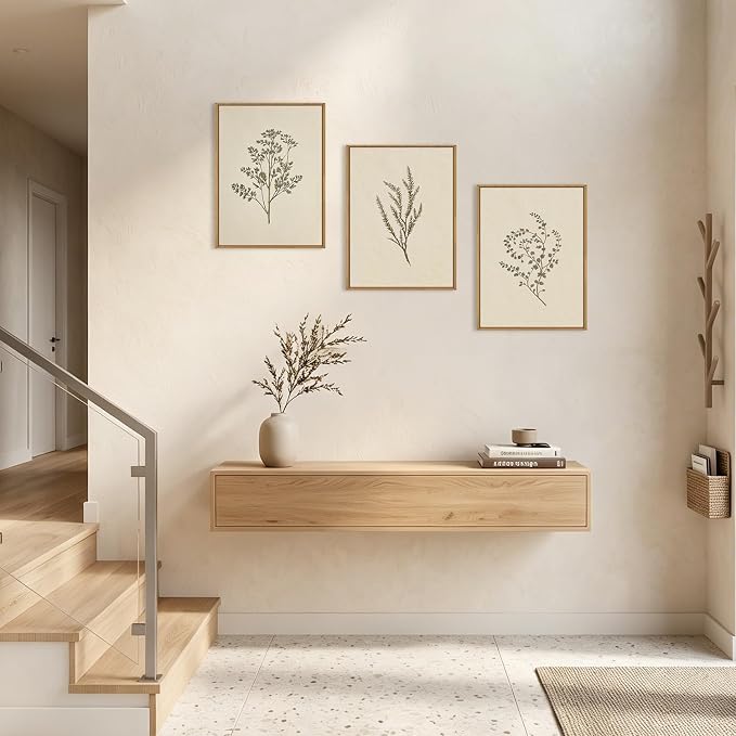 ANHUIB Neutral Beige Floral Canvas Wall Art Large Cream Botanical Wall Decor Vintage Minimalist Modern Paintings 16x12 Inch Set of 3 for Living Room Dining Room Bedroom