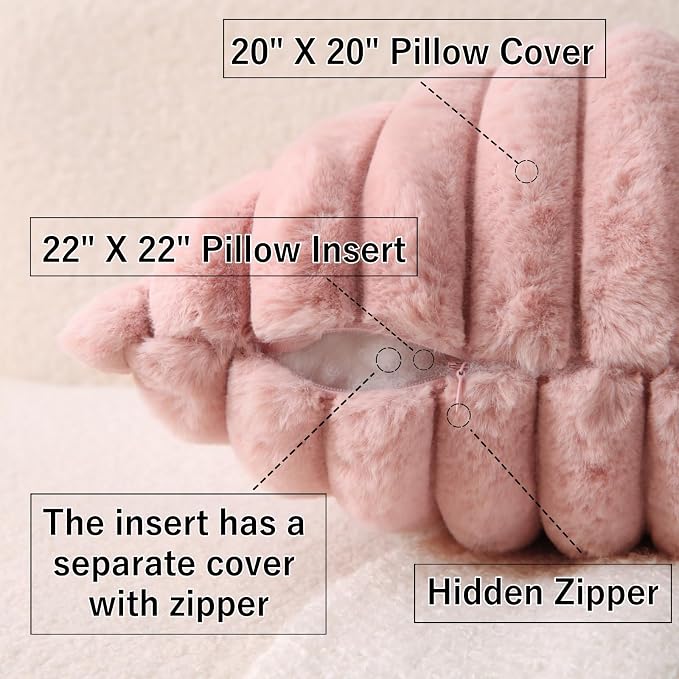 Decorative Throw Pillow with Inserts, Set of 2 Soft Faux Fur Throw Pillows, Square Boho Striped Pillow for Couch, Bed, Sofa Decor (Pink, 20" x 20"(Pack of 2))