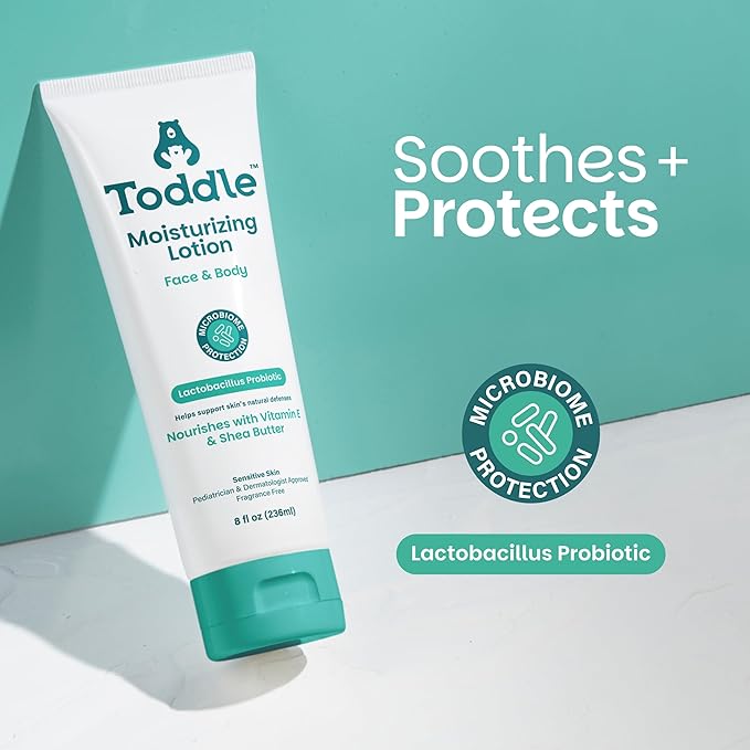 Toddle Probiotic Moisturizing Lotion for Face & Body, Eczema & Dry Skin Relief, Fragrance-Free with Vitamin E, Shea Butter for Sensitive Baby & Kids Skin, Pediatrician-Approved, 8oz