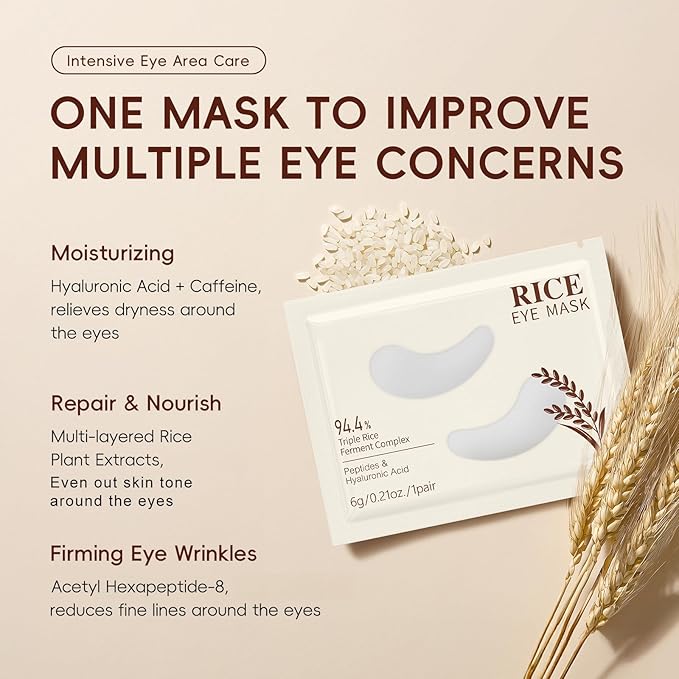 AKARY 94.4% Triple Rice Ferment Complex Under Eye Pathes 10PCS, Moisturizing, Firming, Glowing, Deeply Nourishing & Radiant Eyes Skin Gel Eye Masks for Dark Circles, Wrinkles, Eye Bags & Puffy Eyes