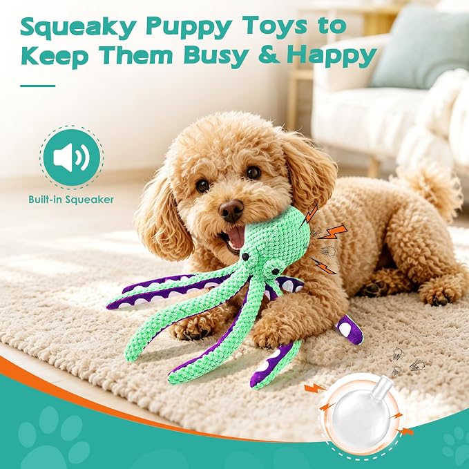 Fuufome Octopus Squeaky Dog Toys for Puppy, Small and Medium Large Breed | Tough Soft Fabric, Interactive Daily Companionship, Tug of War Doggie Toy, Training Reward, Birthday Gift