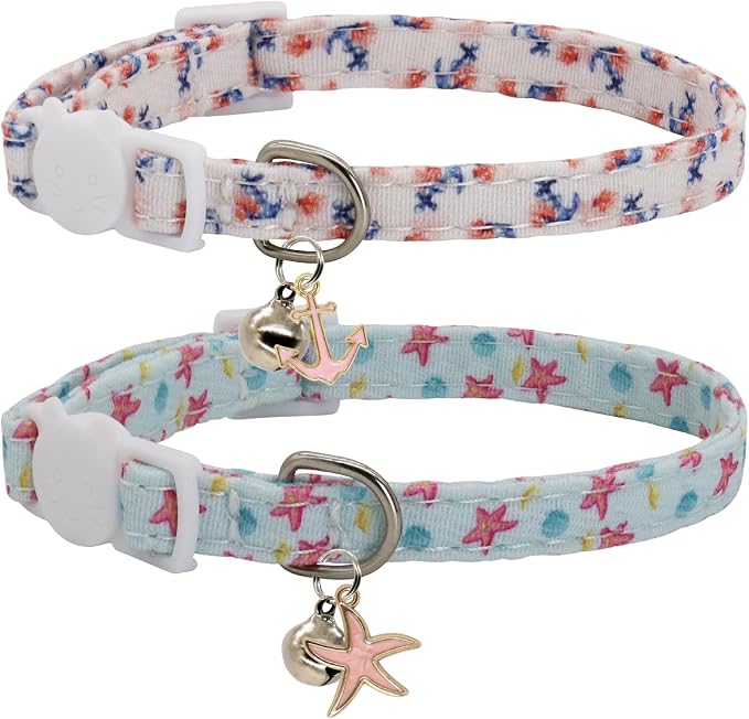 Cat Collars for Girl Cats & Boys, 2 Pack Soft Cotton Breakaway Collar with Removable Bell and Cute Charms, Adjustable Safety Pet Necklace, Ocean