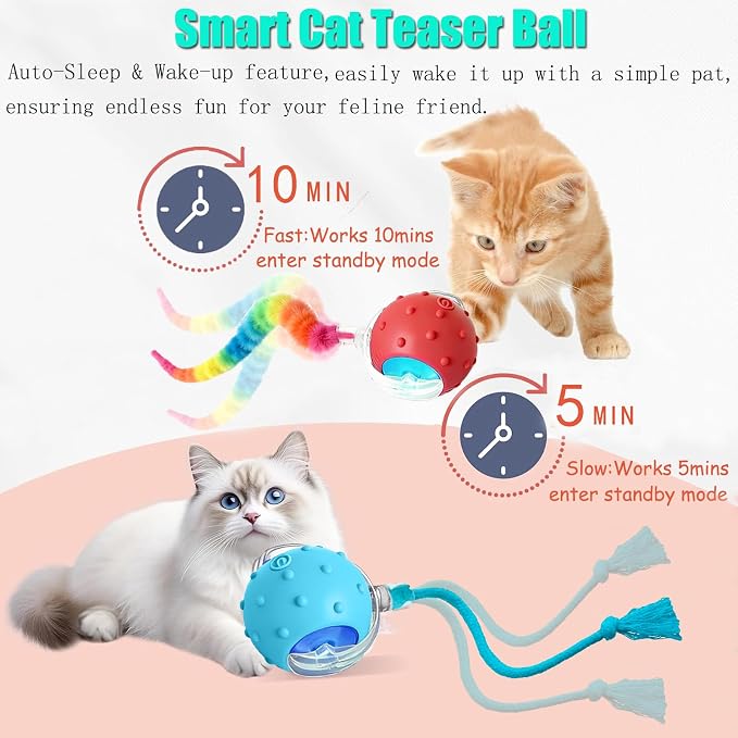2PCS Interactive Cat Toys for Indoor Cats with 6 Tails, Automatic Cat Toy | Fast Rolling on Carpet/ Wooden Floor/ Tiles, Rechargeable Kitten Toys, for Small/ Medium/ Large Cats to Enrichment Exercise