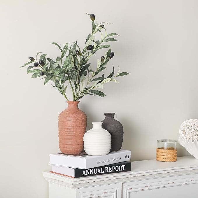 Dobbyby Ceramic Vase Set of 3 Decorative Vase for Home Decor Modern Farmhouse Decor Pottery Neutral Vases for Living Room Bathroom Table Mantel Fireplace Entryway Shelf (02-Brown)