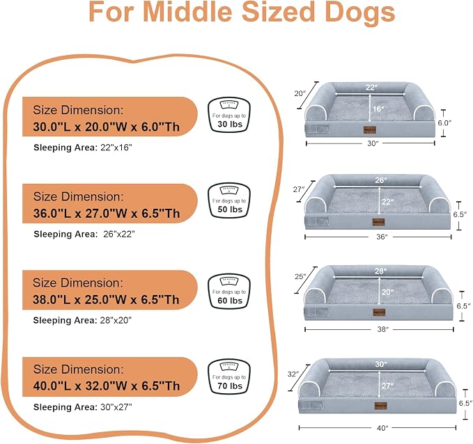 Orthopedic Dog Bed for Large Dogs, 38 x 25 Inch, Light Grey | Egg crate foam for joint support, 3-sided bolster pet sofa, waterproof lining, washable cover, and non-skid base