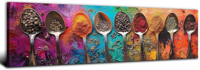 Colorful Spices Seasoning Spoon Canvas Wall Art Kitchen Wall Decor Large Abstract Seasoning Herb Picture for Dining Room Home Bar Decorations Watercolor Food Poster Contemporary Artwork 14x48”