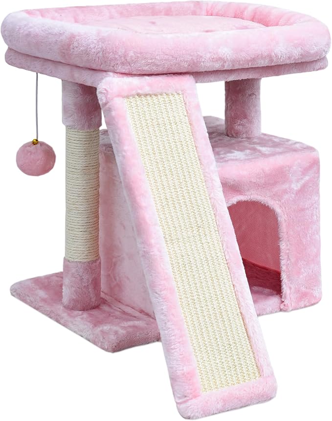 Small Pink Cat Tree for Indoor Cats, Cute Cat Tower with Perch, Condo, House and Stable Stand for Kittens & Adult Pets（Pink）