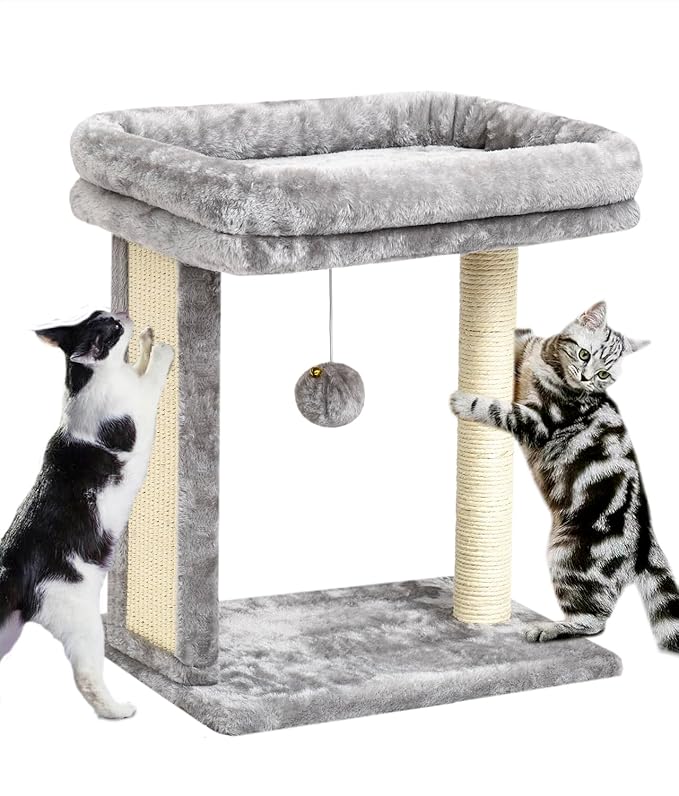SYANDLVY Cat Tree with Scratching Post for Indoor Cats, Scratching Board with Perch, Cat Post Scratcher with 2 Dangling Balls, Great for Kittens, Grey | Cat Scratching Board with 2 Dangling Balls, Great for Kittens, Grey