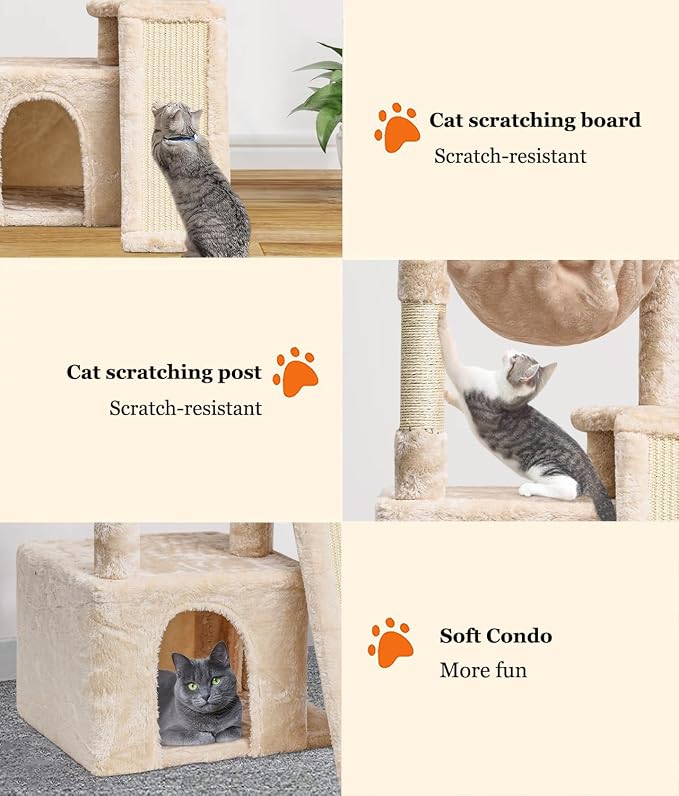 SYANDLVY Cat Tree for Indoor Cats Large Adults, Modern Activity Tower with Scratching Posts & Board, Condo with Plush Perch, Climbing Stand with Cradle & Hanging Ball for Play, Beige