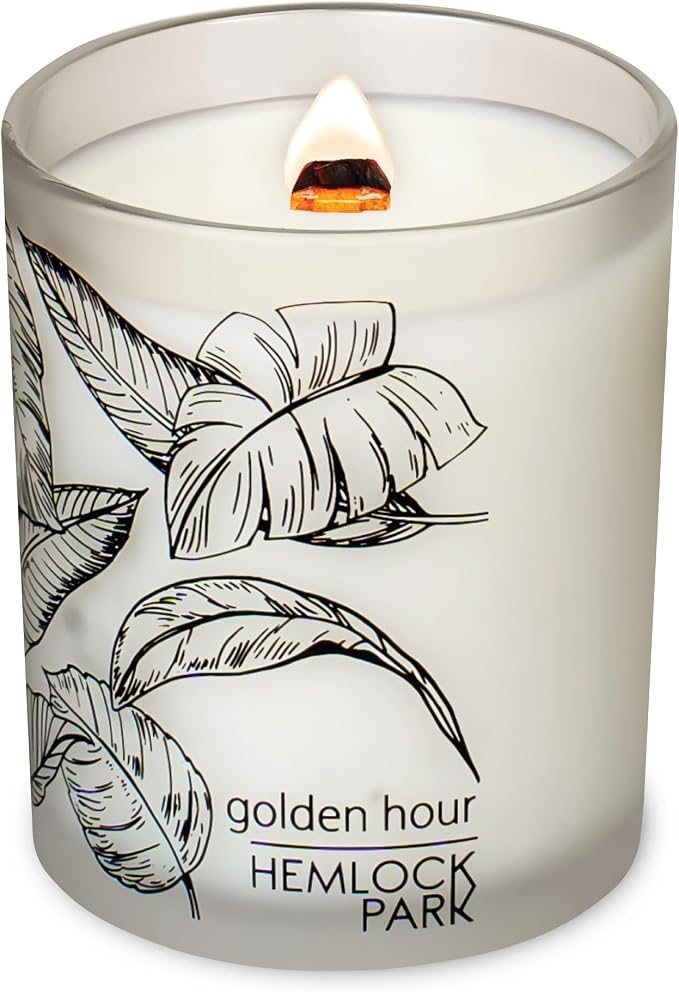 Hemlock Park Golden Hour Frosted Scented Candle | Crackling Wood Wick, Botanical Fragrance & Coconut Apricot Wax | Up to 50 Hour Burn Time | 7.2 oz | Made in USA