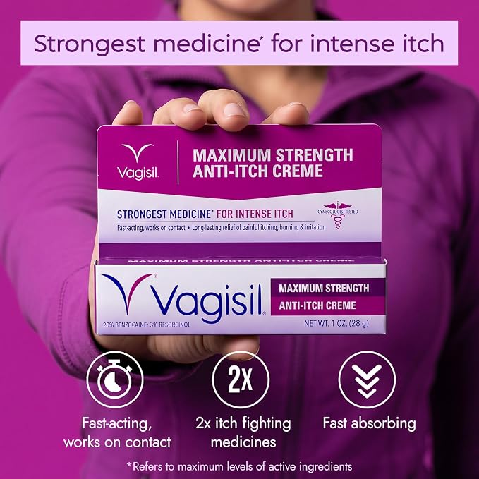 Vagisil Maximum Strength Feminine Anti-Itch Cream with Benzocaine for Women, Helps Relieve Yeast Infection Irritation, Gynecologist Tested, Fast-Acting, Soothes and Cools Skin, 1 oz