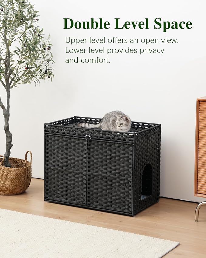 SETVSON Cat Litter Box Enclosure Furniture, Hidden PE Rattan, Black | Large Double-Door PE Rattan Kitty House, Fits Large Covered Litter Boxes, 2 Litter Mats, 2 S-Hooks, Metal Frame