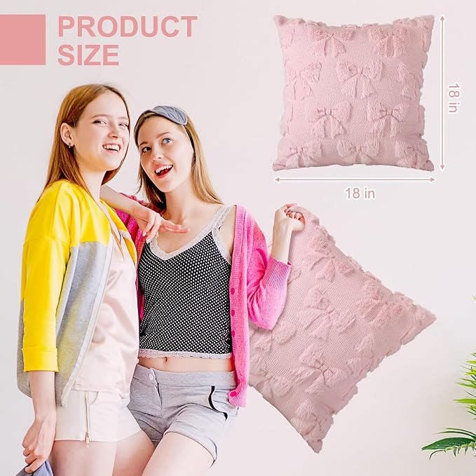 Mixweer Pink Bow Pillow Covers Set of 2 Preppy Room Decor Coquette Cute Spring Summer Decorative Faux Fur Soft Bowknot Stuff Fluffy Plush Aesthetic Pillowcase for Bed Sofa Couch (18 x 18 Inch)