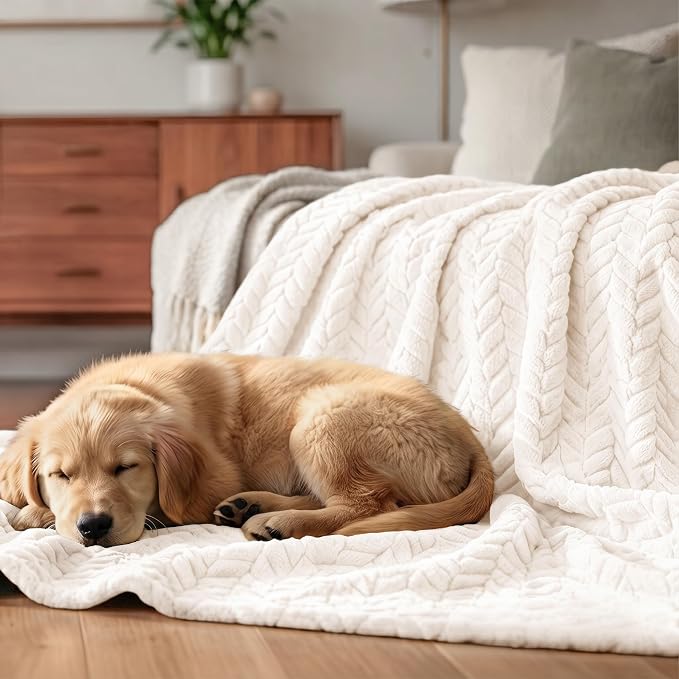 Exclusivo Mezcla Soft Fleece Bed Blanket King Size, 90”x104”, Off White | Cozy Fluffy Lightweight Blankets for Summer, Decorative Plush Flannel Throws for Living room, Bedroom with Leaves Pattern