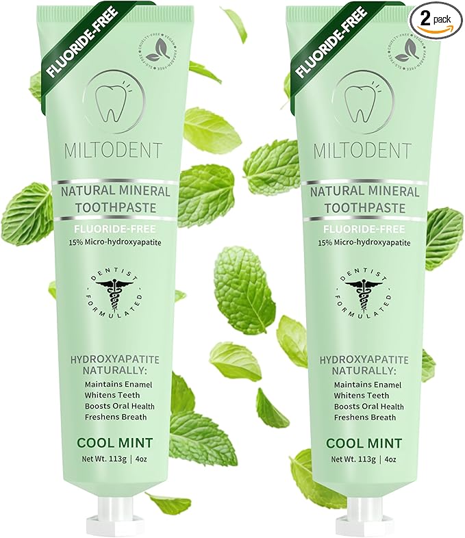 MILTODENT Premium Hydroxyapatite Toothpaste –15% Micro-Hydroxyapatite | Fluoride-Free, Best Taste, Foam-Free, Natural Mineralizing| Safe Alternative to Nano-Hydroxyapatite | SLS-Free & Natural - 2Pack
