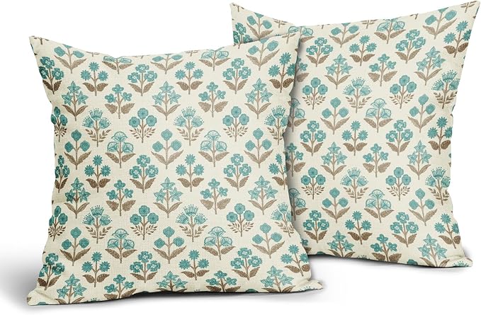 Brown Cyan Floral Block Print Pillow Covers 16x16 Inch Set of 2, Vintage Flower Pattern Decorative Throw Pillowcases Outdoor Farmhouse Cushion Covers Spring Summer Rustic Sofa Couch Bed Decor