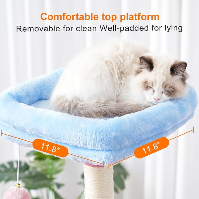 Heybly Cat Tree with Toy, 43.3 inch Cat Tower condo for Indoor Cats, Cat House with Padded Plush Perch, Cozy Hammock and Sisal Scratching Posts, Blue and Pink HCT004SBP