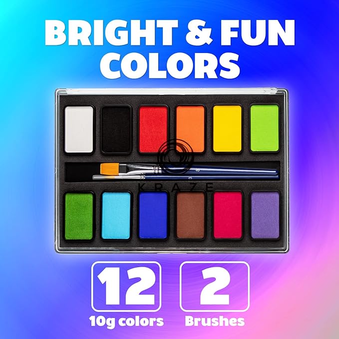 Kraze FX Basic Party Professional Face Paint Palette (12 x 10 gm) - Water Activated, Hypoallergenic, Safe, Non Toxic Body Paint Makeup Cosplay SFX Halloween Face Painting Kit for Kids Adults